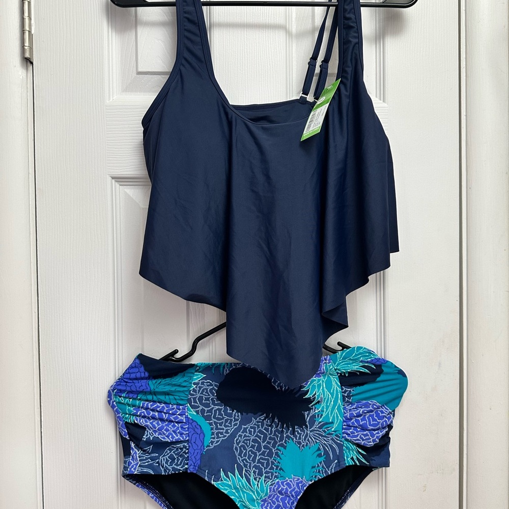 Navy Blue and Patterned Tankini Swimsuit